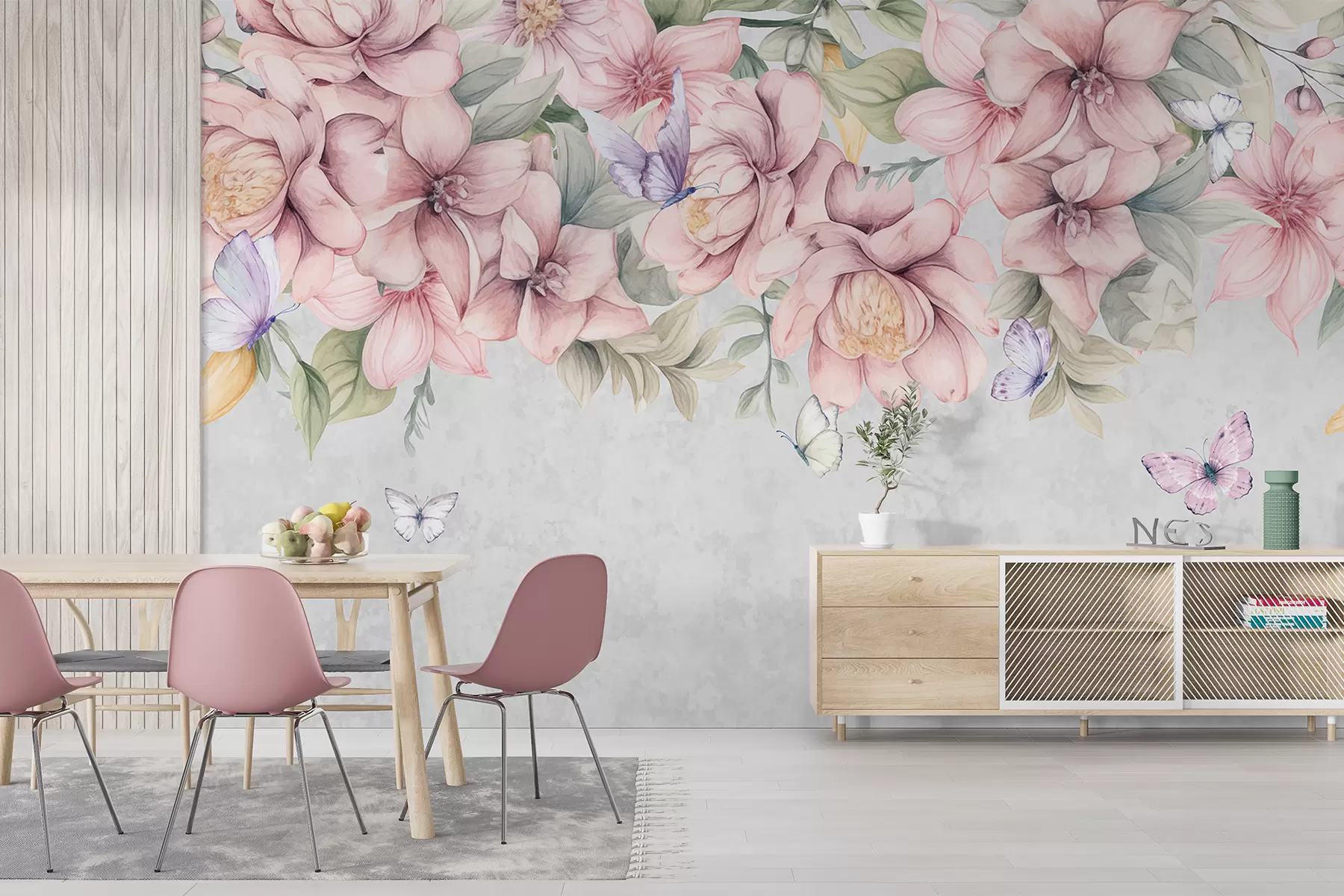 carta da parati Fiori bianchi e rosa tenui con fiori e foglie delicati su sfondo grigio testurizzato nr. w08331