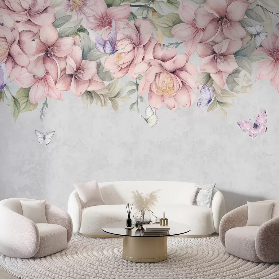 carta da parati Fiori bianchi e rosa tenui con fiori e foglie delicati su sfondo grigio testurizzato nr. w08331