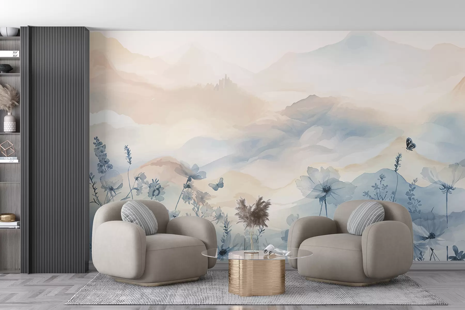 carta da parati Un paesaggio sereno con una catena montuosa sullo sfondo, circondato da un campo di delicati fiori blu nr. w08339