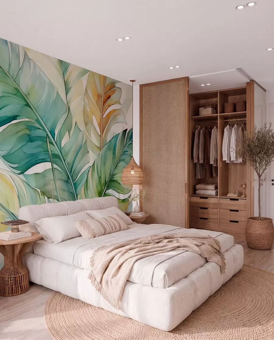 Carta da parati nature Foglie di palma banana tropicale acquerello bagnato 