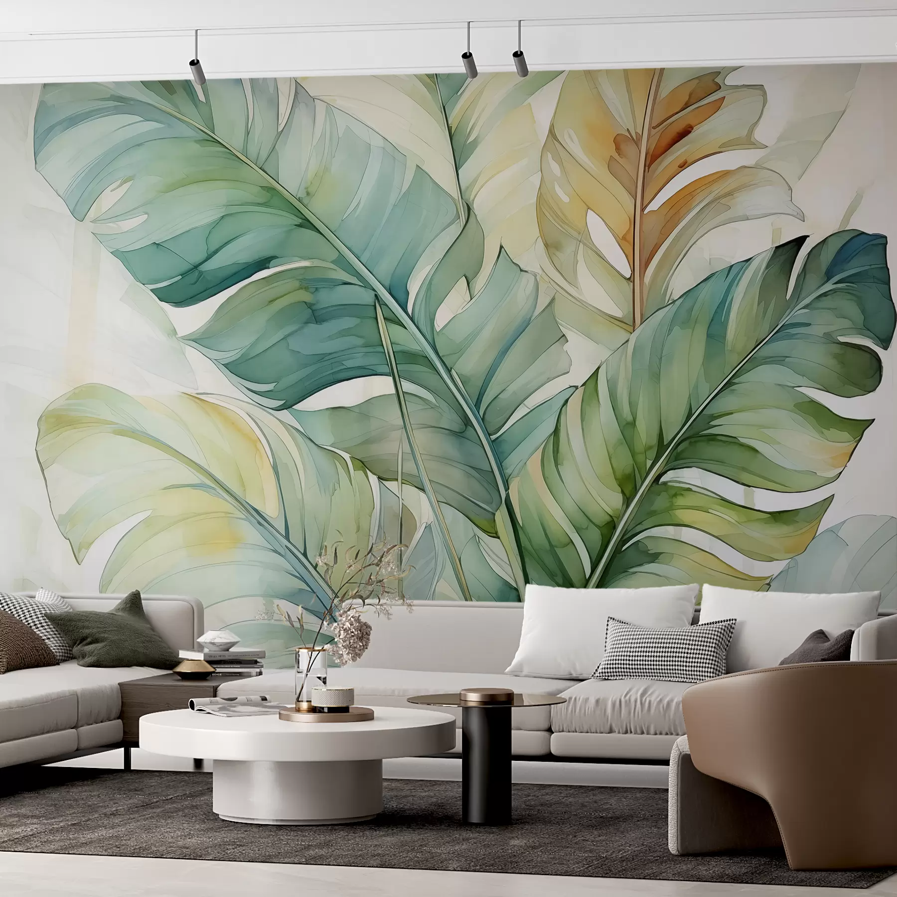 Carta da parati nature Foglie di palma banana tropicale acquerello bagnato 