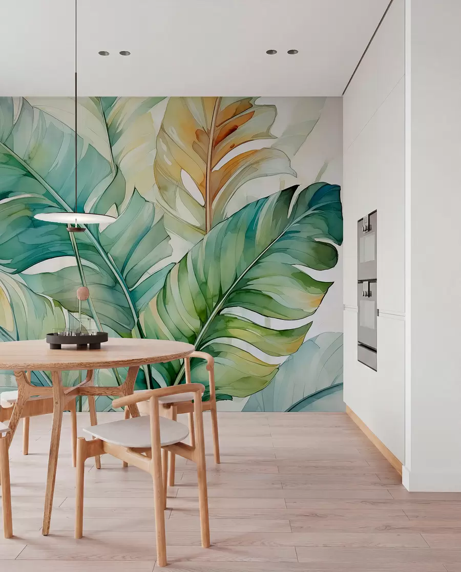 Carta da parati nature Foglie di palma banana tropicale acquerello bagnato 