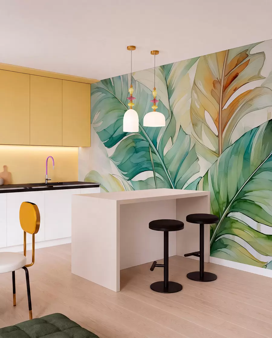 Carta da parati nature Foglie di palma banana tropicale acquerello bagnato 