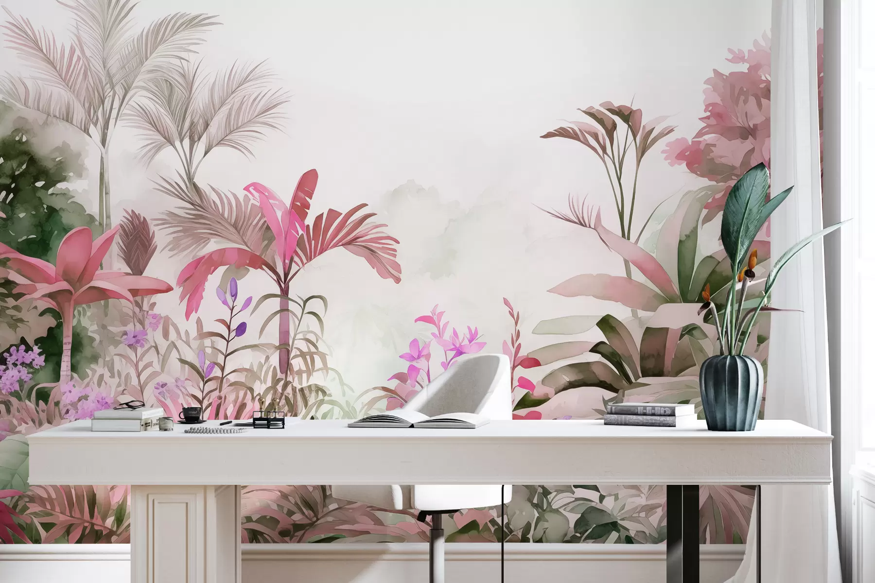 Carta da parati nature Foresta della giungla, acquerello, palme, floreale, colori rosa 