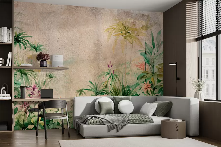 Carta da parati nature Foresta della giungla, acquerello, palme, fiori, sfondo beige  