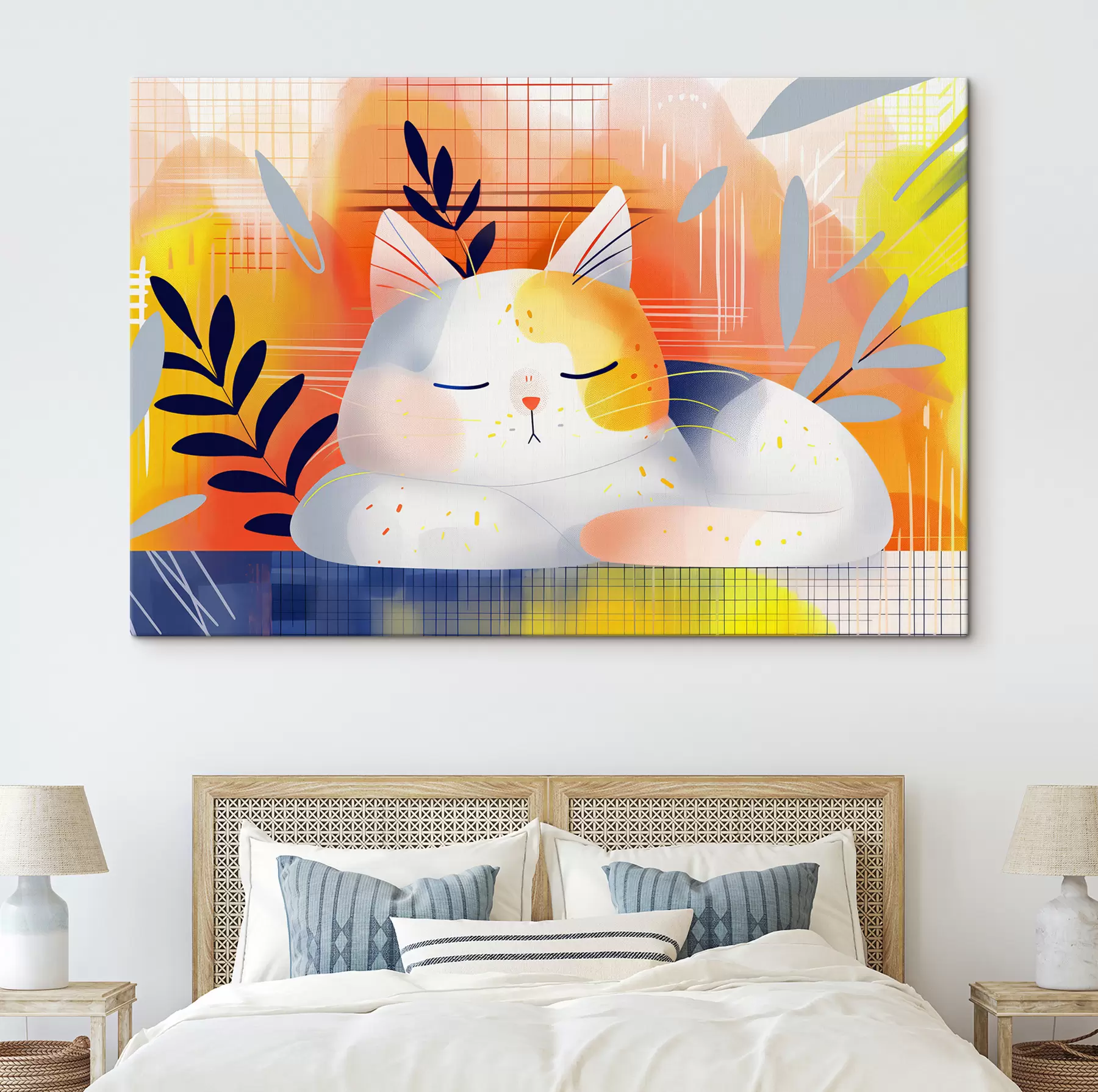 carta da parati Un simpatico gatto che dorme tra le piante in stile grafico nr. s40956