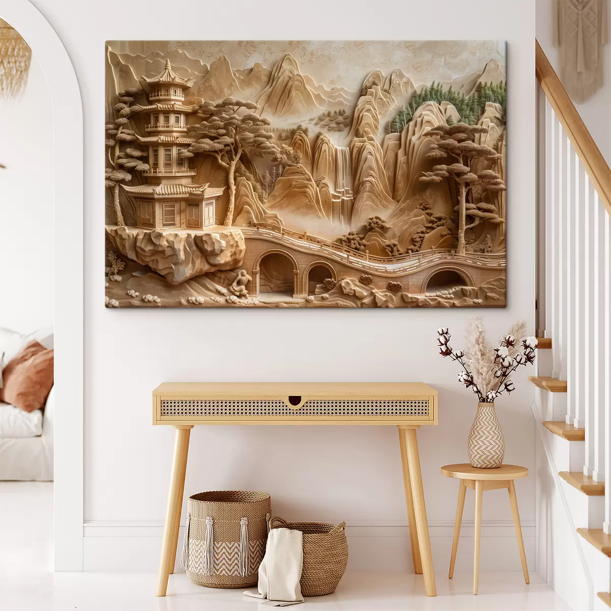 carta da parati Imitazione di bassorilievo: montagne con alberi, un ponte e un tempio, multistrato nr. s40989
