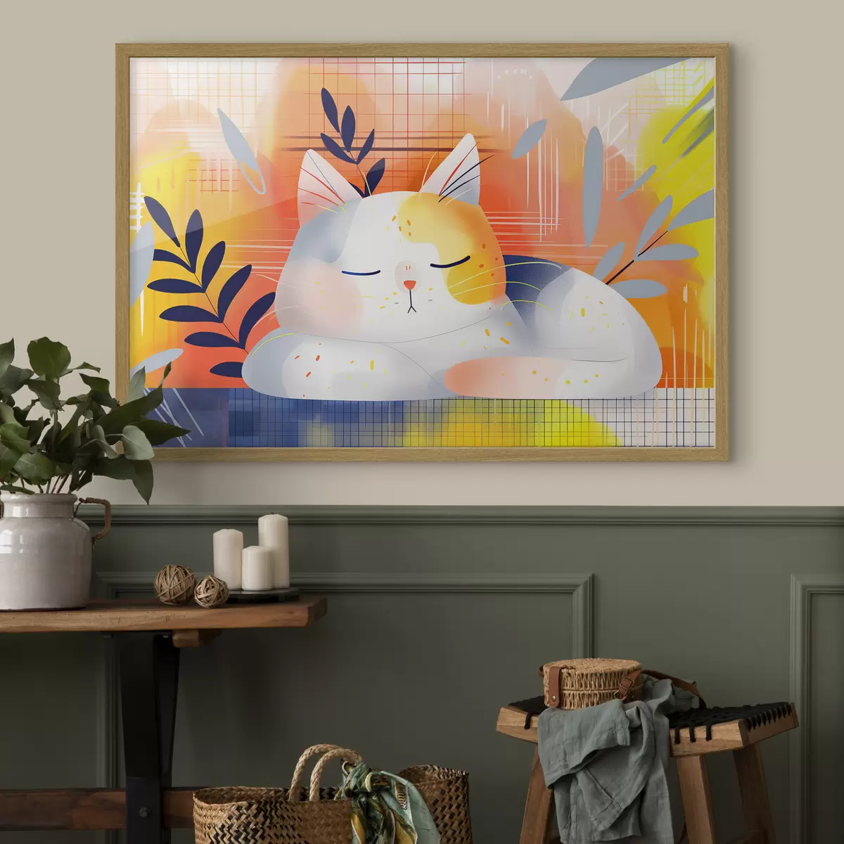 Poster Un simpatico gatto che dorme tra le piante in stile grafico f40956
