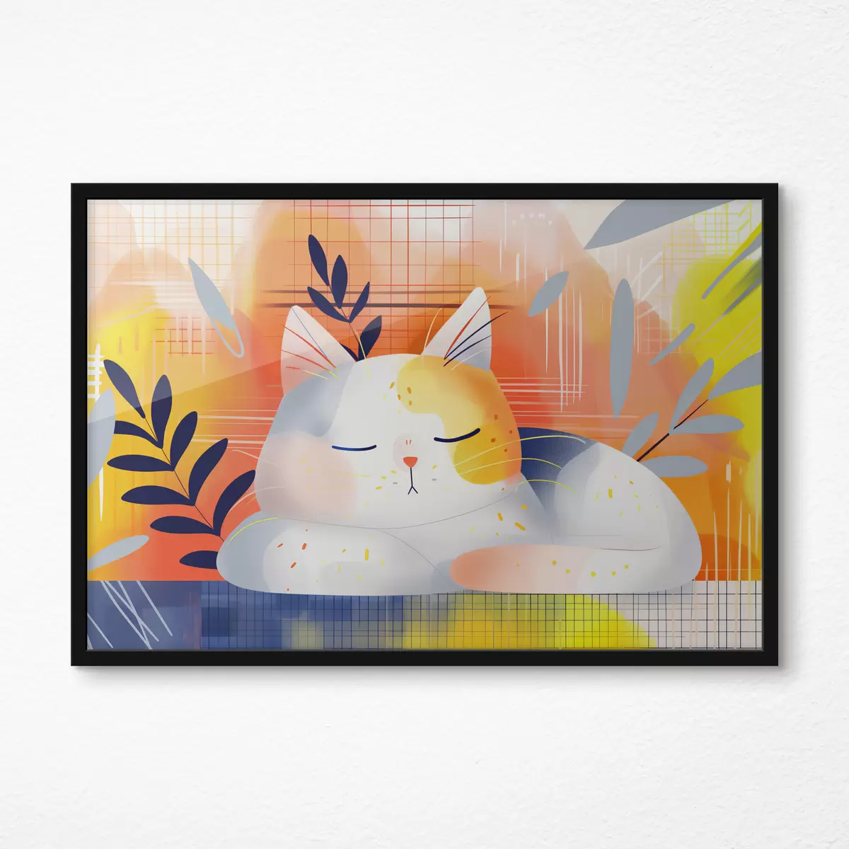 Poster Un simpatico gatto che dorme tra le piante in stile grafico f40956