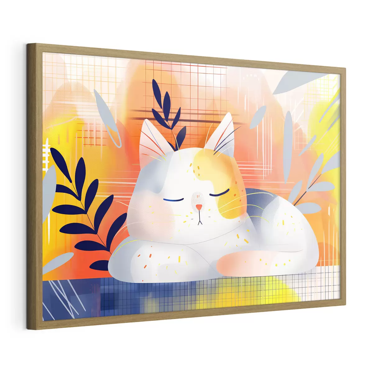 Poster Un simpatico gatto che dorme tra le piante in stile grafico f40956