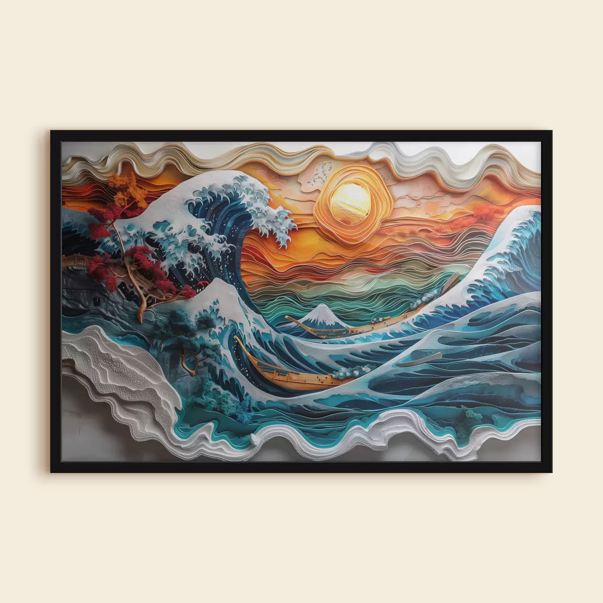 Poster Imitazione di bassorilievo: un oceano impetuoso con barche e sole f40976