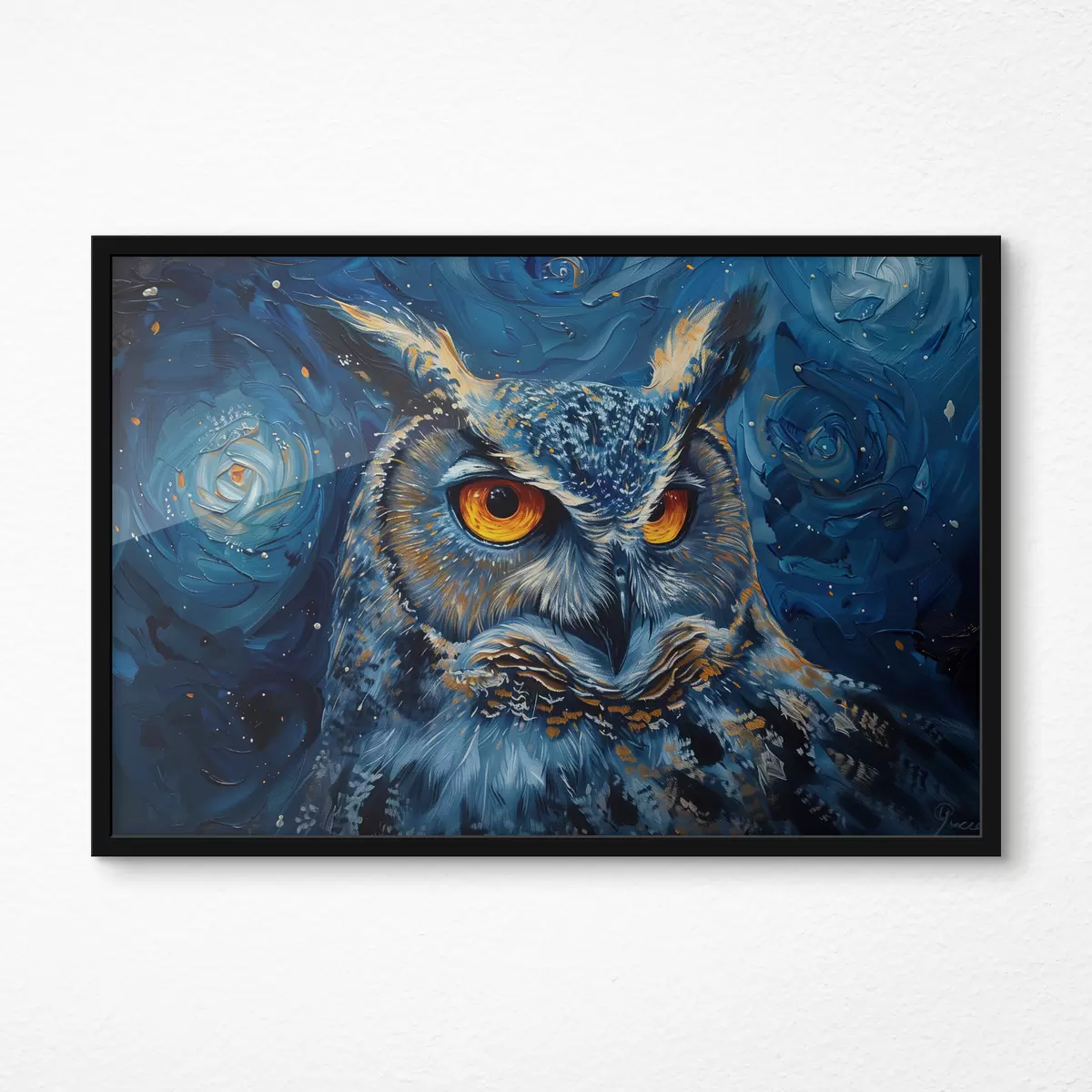 Poster Lo sguardo di un gufo di notte con un cielo in stile Van Gogh f40982