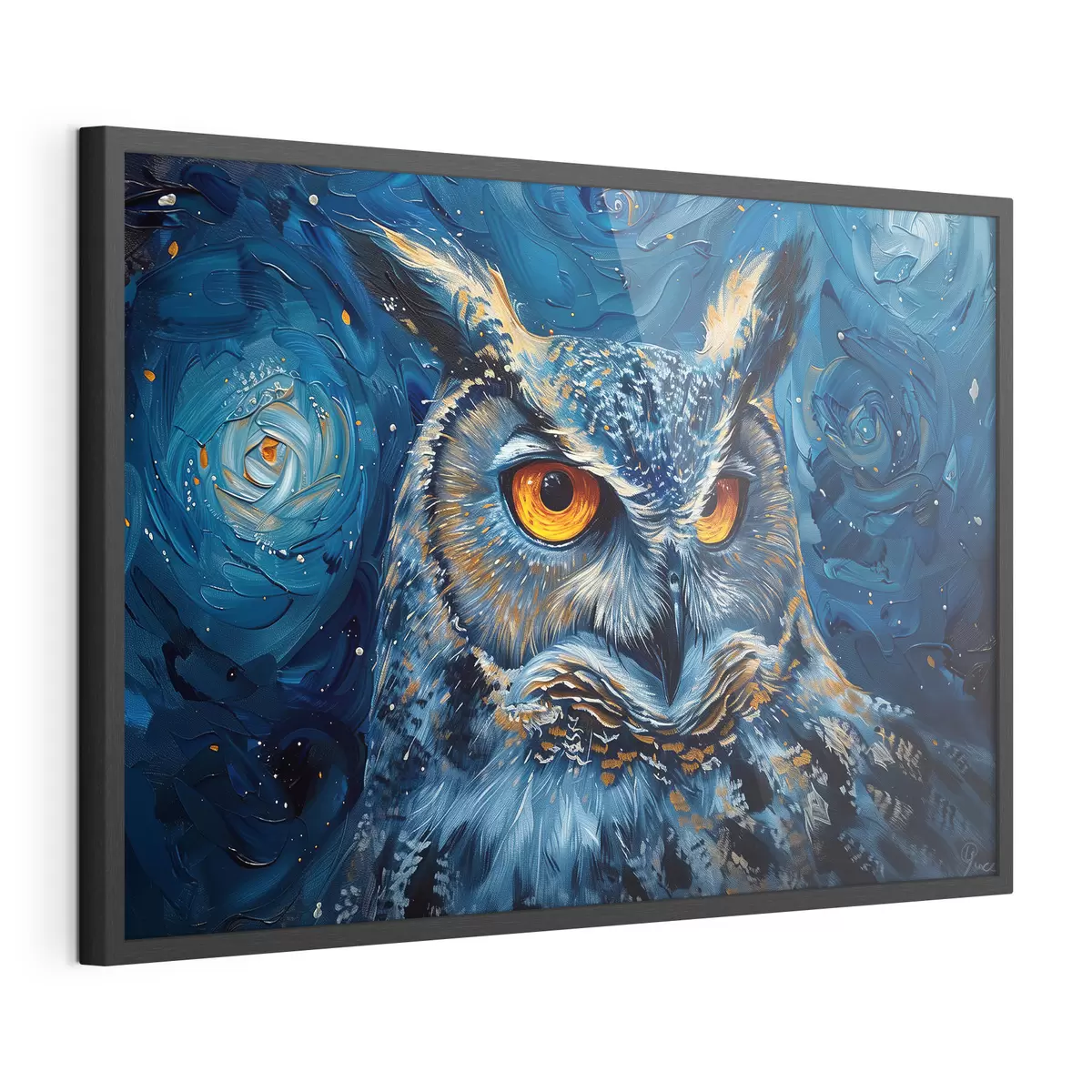 Poster Lo sguardo di un gufo di notte con un cielo in stile Van Gogh f40982