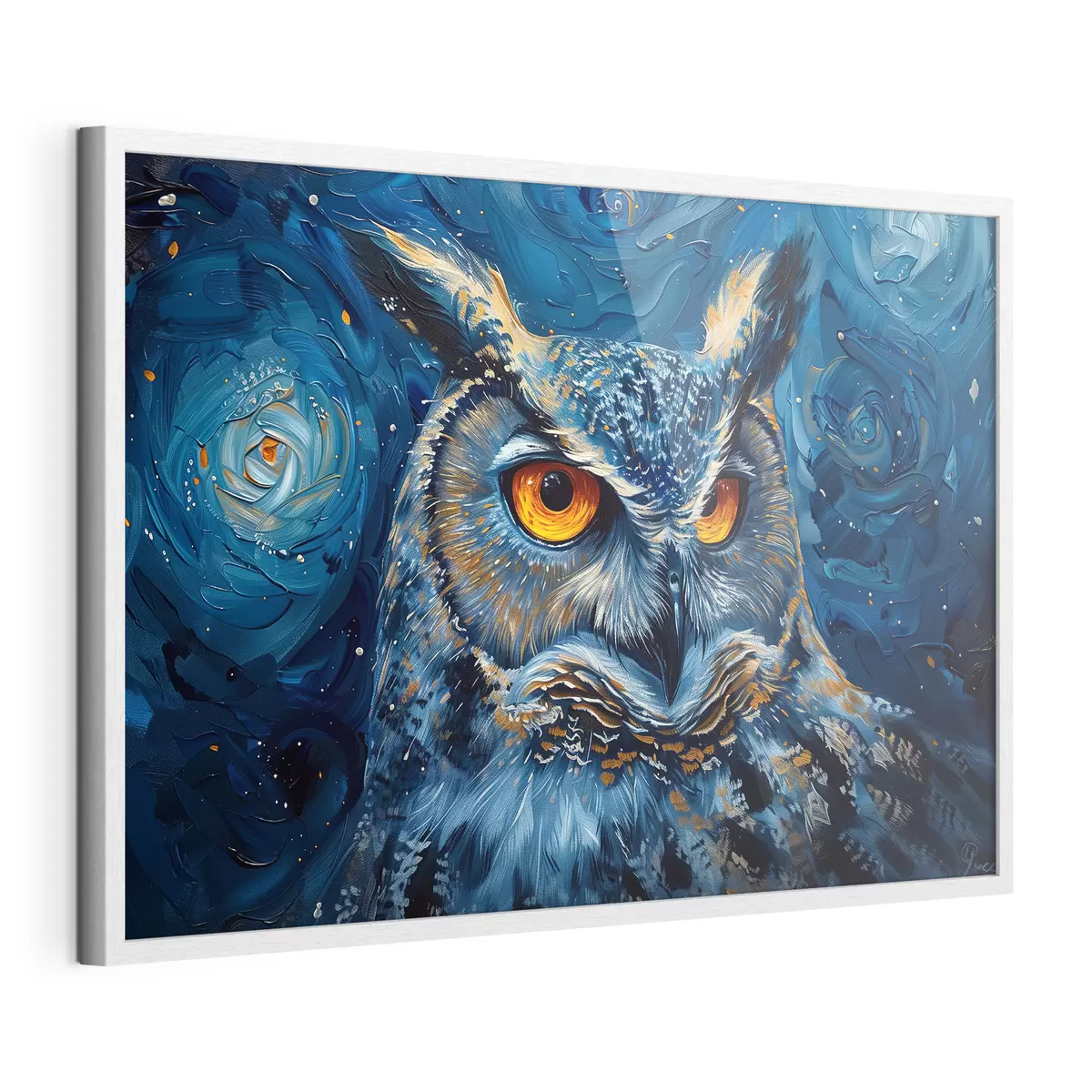 Poster Lo sguardo di un gufo di notte con un cielo in stile Van Gogh f40982