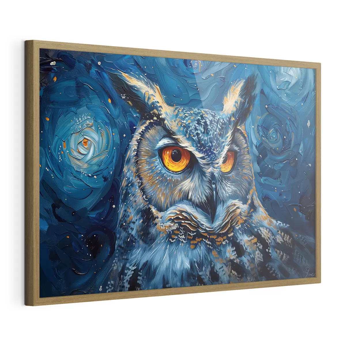 Poster Lo sguardo di un gufo di notte con un cielo in stile Van Gogh f40982