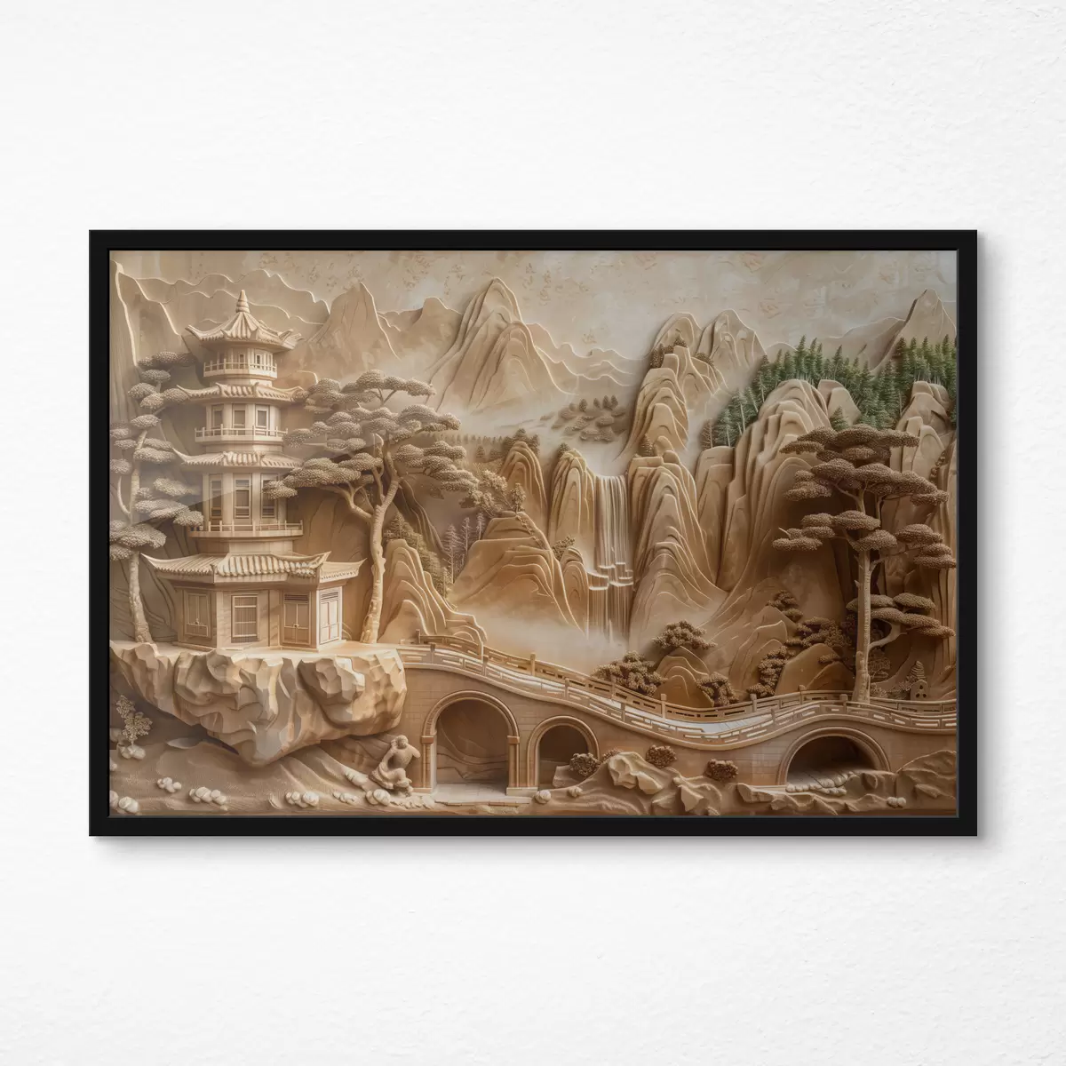 Poster Imitazione di bassorilievo: montagne con alberi, un ponte e un tempio, multistrato f40989