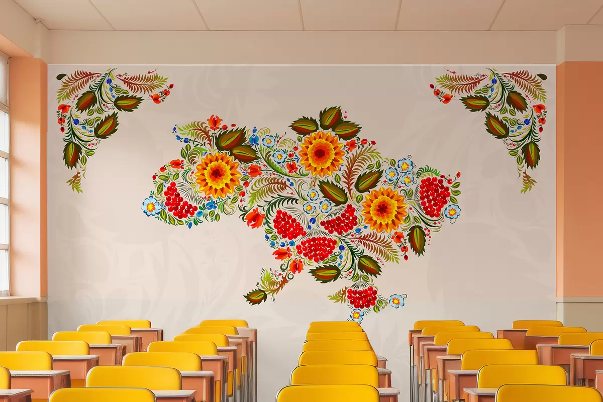 carta da parati Mappa dell'Ucraina nello stile della pittura di Petrikov su sfondo beige chiaro nr. w01149