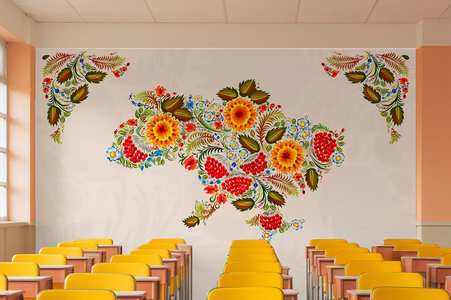 carta da parati Mappa dell'Ucraina nello stile della pittura di Petrikov su sfondo beige chiaro nr. w01149