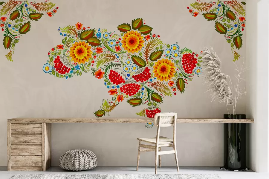 carta da parati Mappa dell'Ucraina nello stile della pittura di Petrikov su sfondo beige chiaro nr. w01149