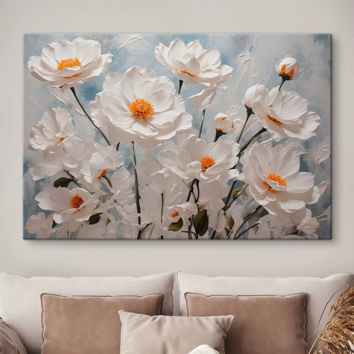 carta da parati Fiori bianchi su sfondo blu-bianco ad olio nr. s41041