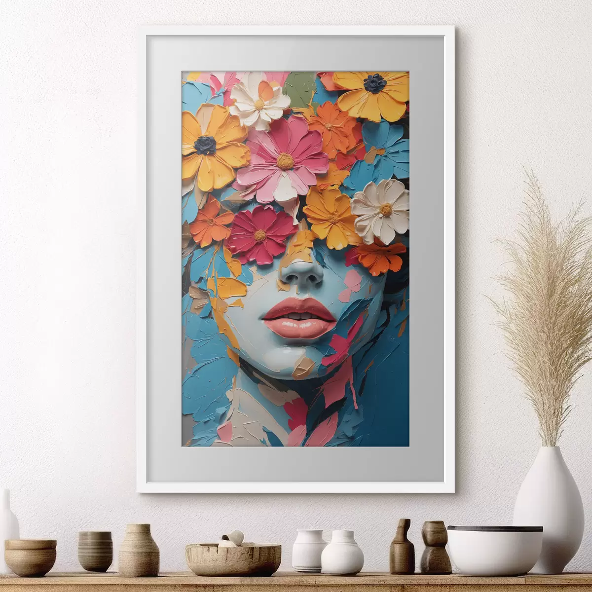 Poster Volto di ragazza in olio ricoperto di fiori f41023