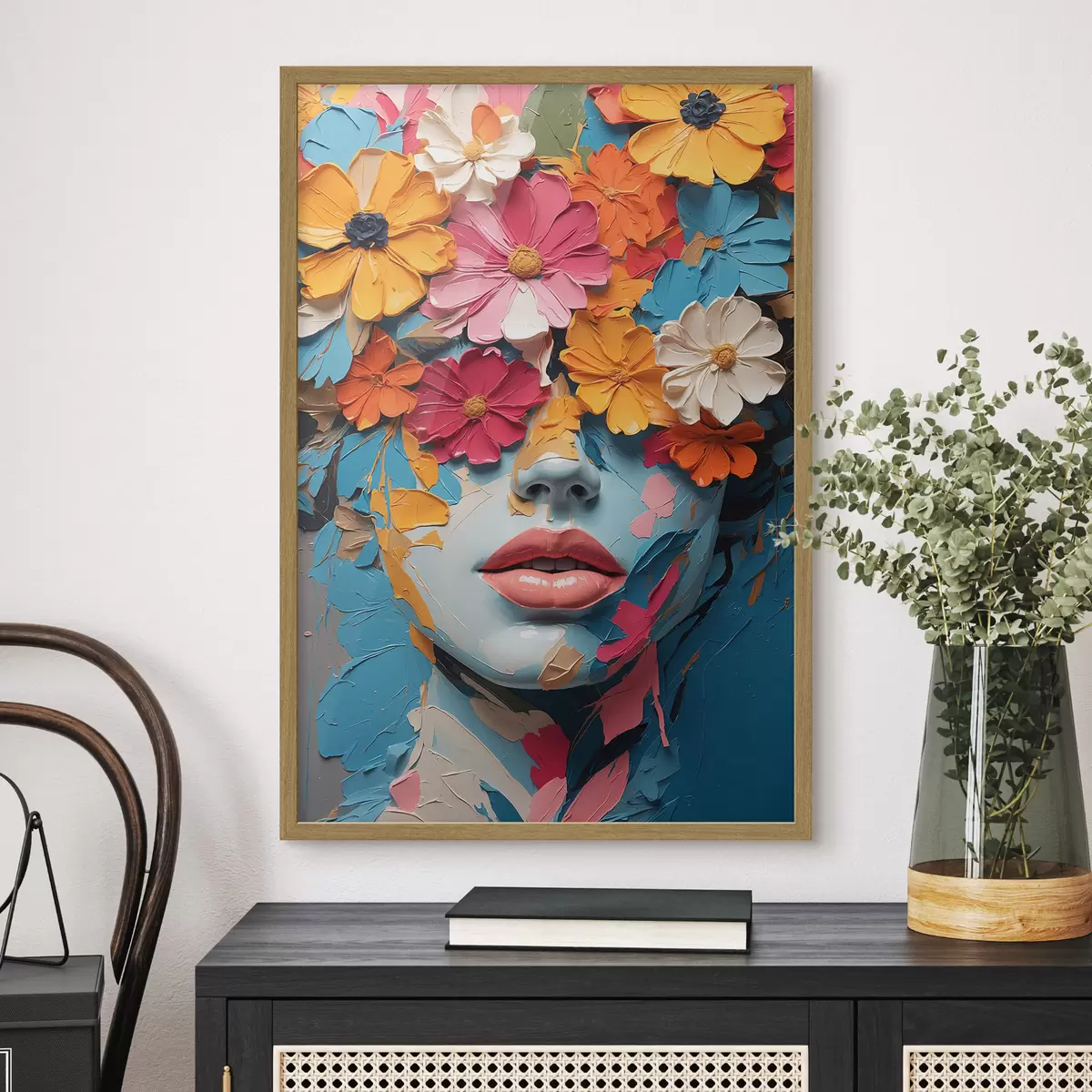 Poster Volto di ragazza in olio ricoperto di fiori f41023
