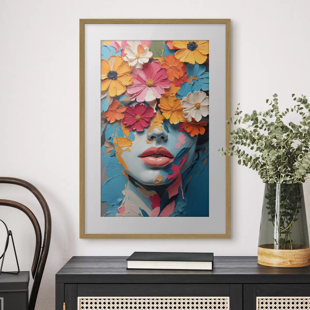 Poster Volto di ragazza in olio ricoperto di fiori f41023