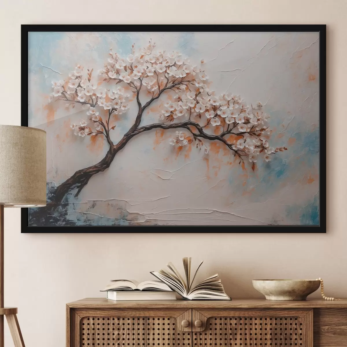 Poster Albero in fiore su sfondo astratto ad olio f41032