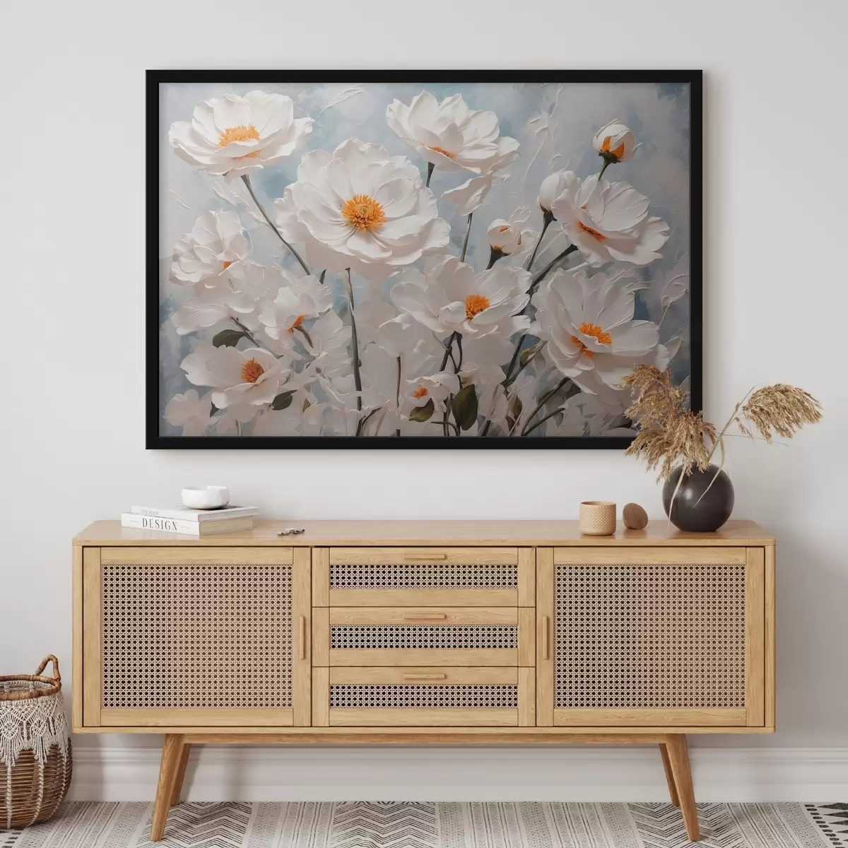 Poster Fiori bianchi su sfondo blu-bianco ad olio f41041