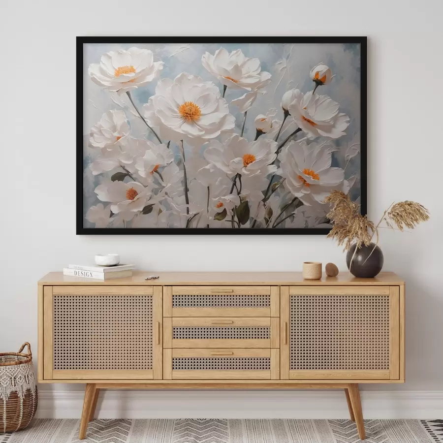 carta da parati Fiori bianchi su sfondo blu-bianco ad olio nr. f41041