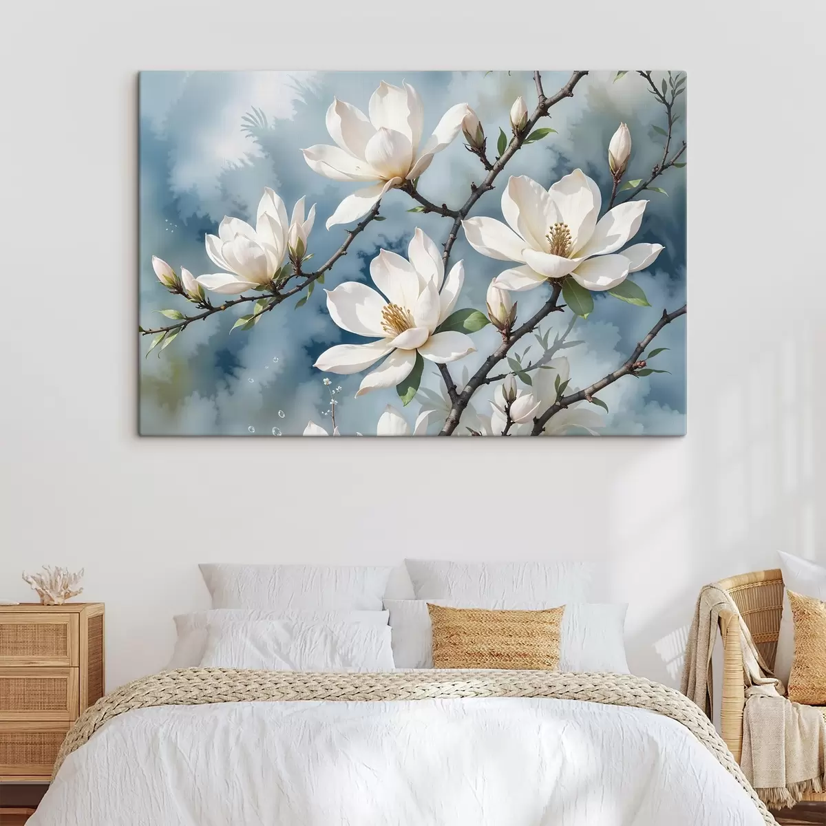 carta da parati Fiori bianchi di magnolia che sbocciano sui rami degli alberi su uno sfondo di cielo blu acquerellato nr. s41081
