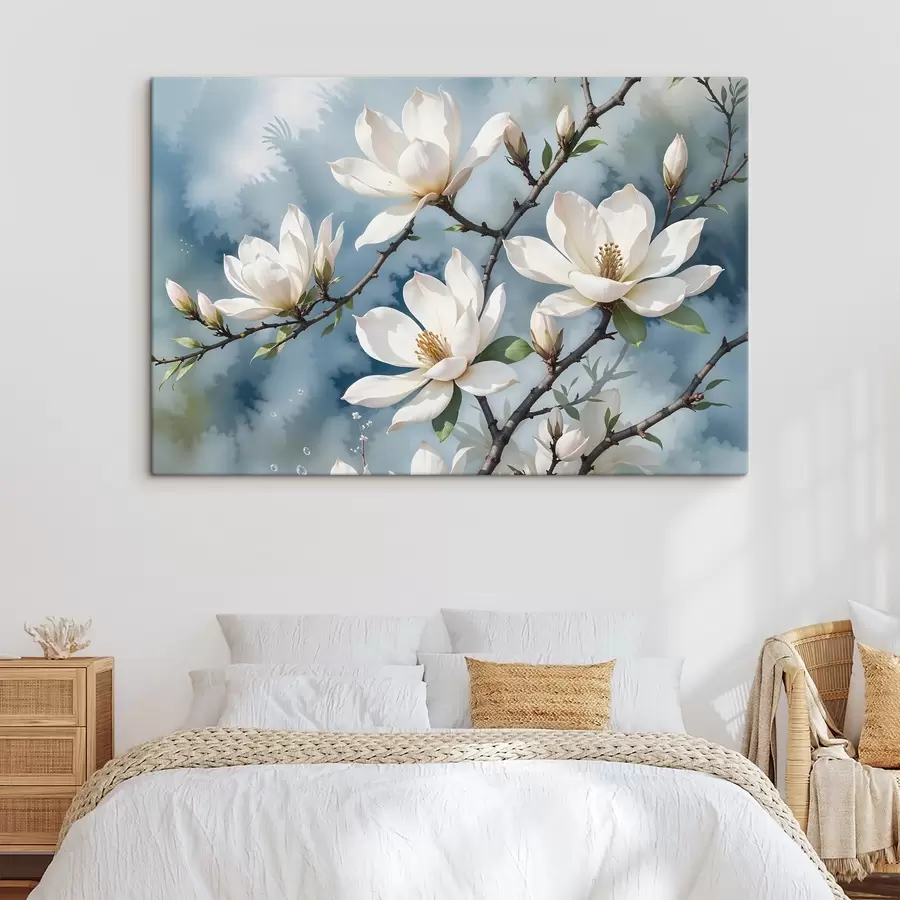 carta da parati Fiori bianchi di magnolia che sbocciano sui rami degli alberi su uno sfondo di cielo blu acquerellato nr. s41081