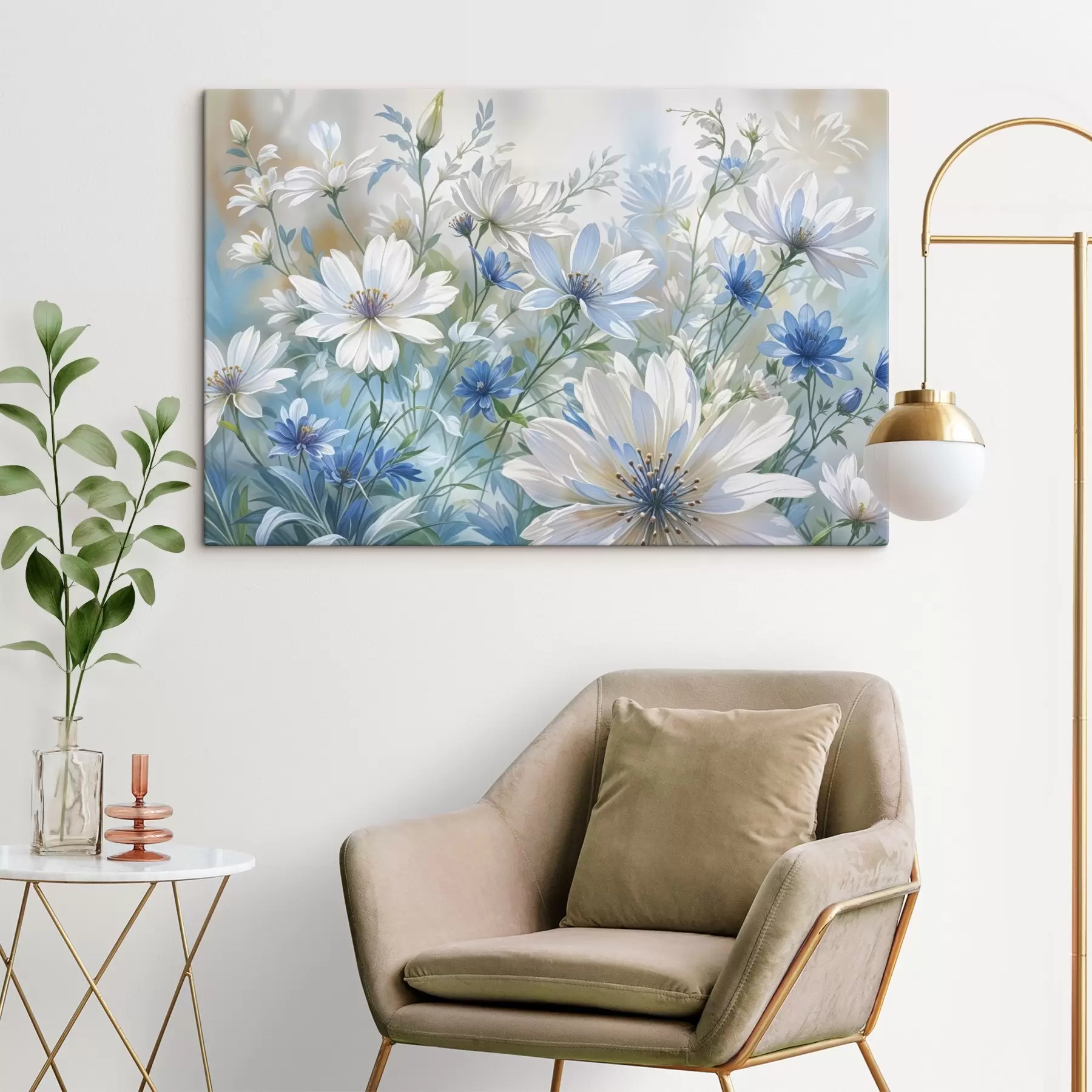 carta da parati Un campo di fiori bianchi e blu simili a margherite con foglie e steli verdi su uno sfondo morbido e sfocato nr. s41086