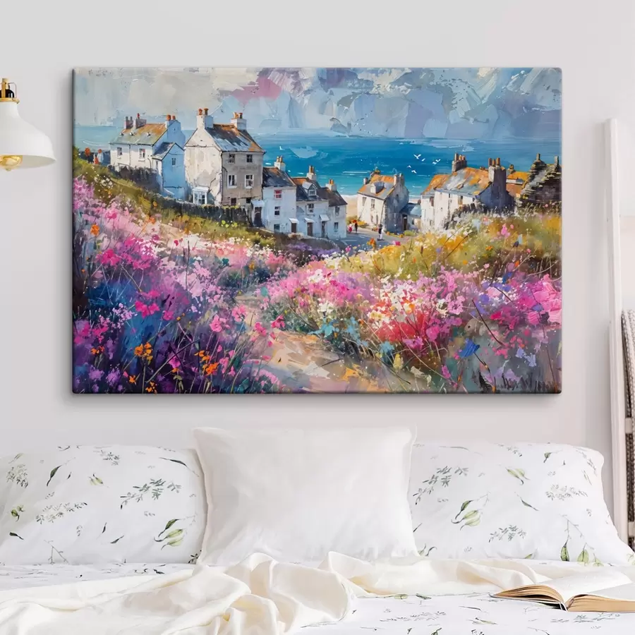 carta da parati Una colorata città costiera dipinta a olio con case bianche e un vivace giardino fiorito in primo piano nr. s41090