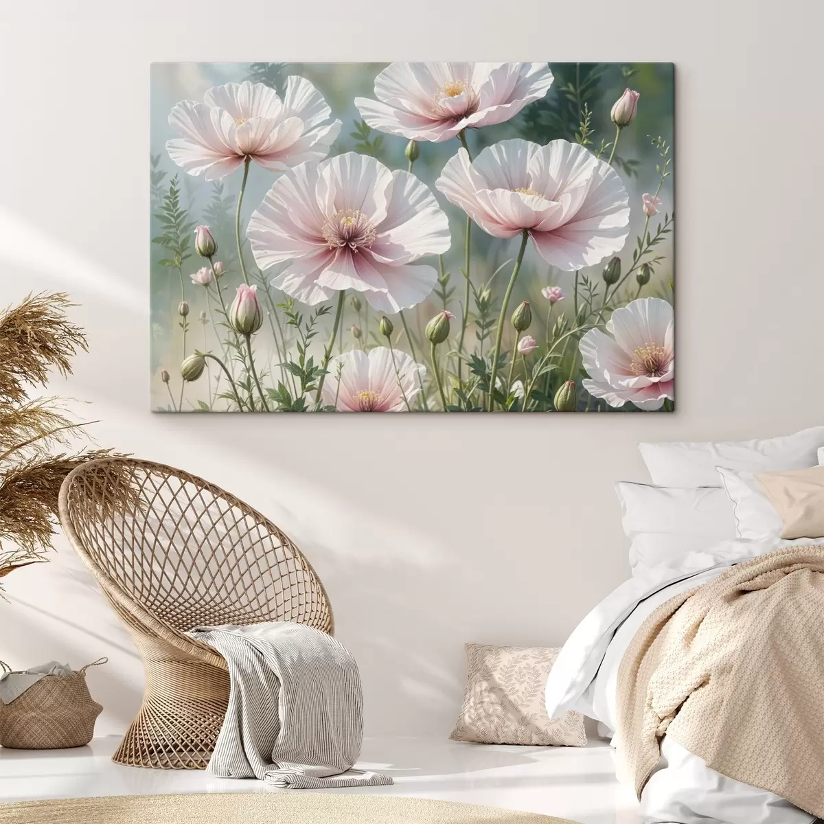 carta da parati Un campo di delicati fiori di papavero rosa pallido con petali morbidi e vaporosi su uno sfondo verde sfocato nr. s41094