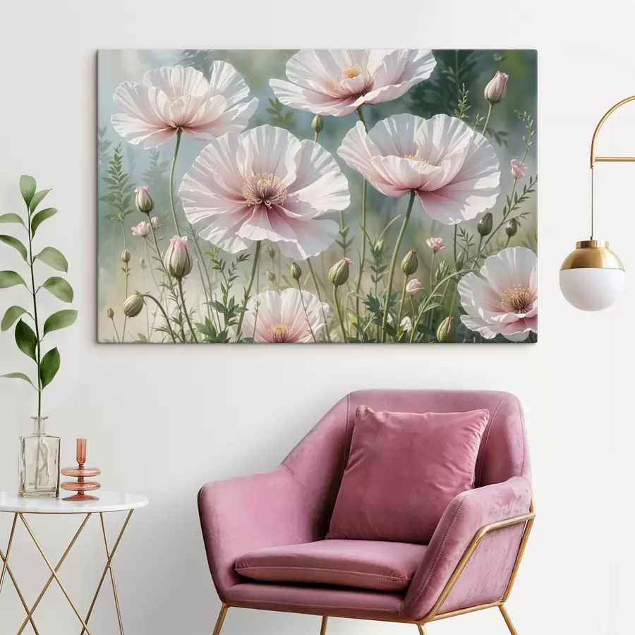 carta da parati Un campo di delicati fiori di papavero rosa pallido con petali morbidi e vaporosi su uno sfondo verde sfocato nr. s41094