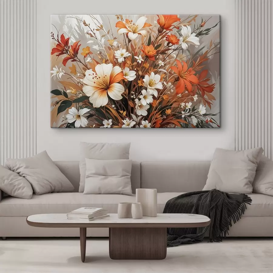 carta da parati Un vivace bouquet di fiori bianchi e arancioni, tra cui gigli e altre delicate fioriture nr. s41099