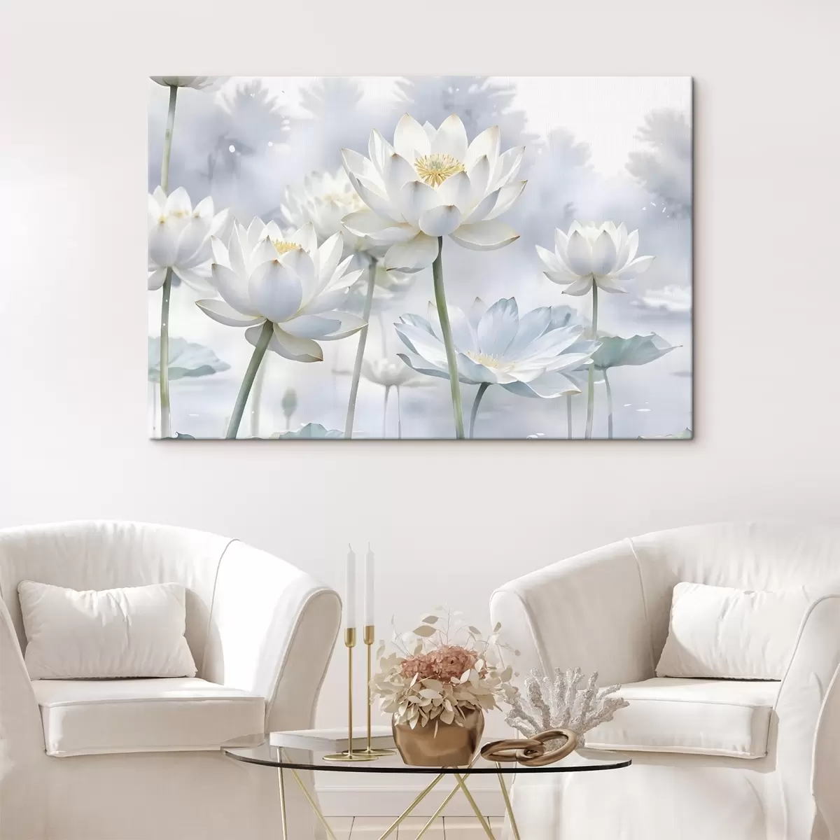 carta da parati Fiori di loto bianchi color pastello su uno sfondo nebbioso astratto acquerellato nr. s41100