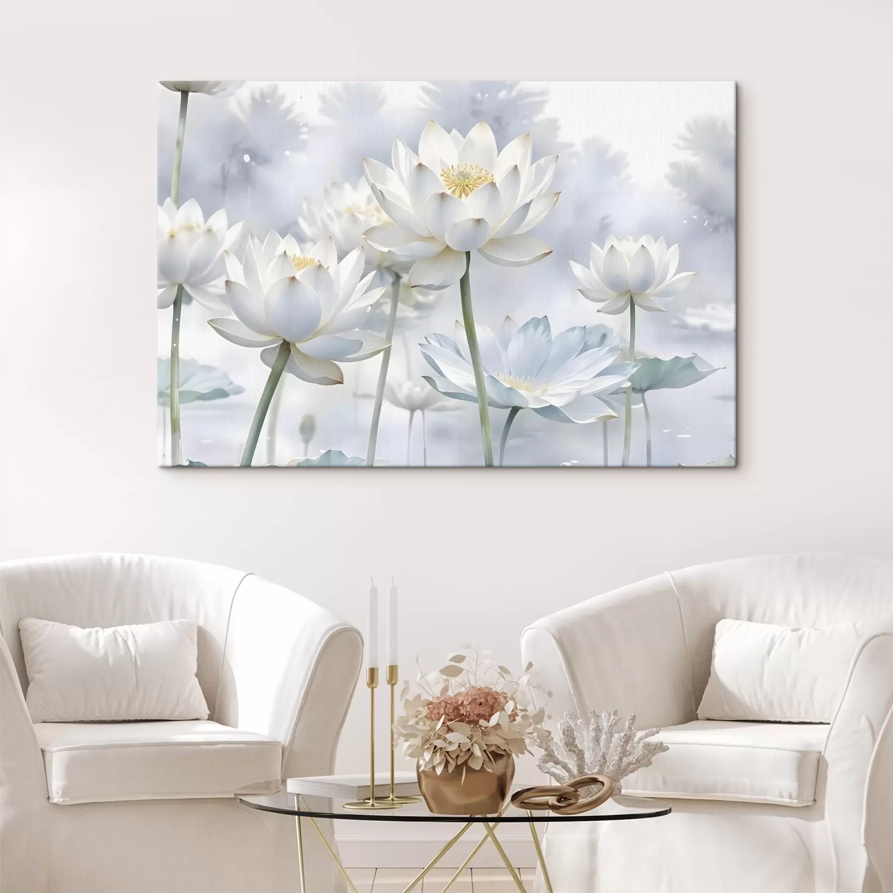 carta da parati Fiori di loto bianchi color pastello su uno sfondo nebbioso astratto acquerellato nr. s41100