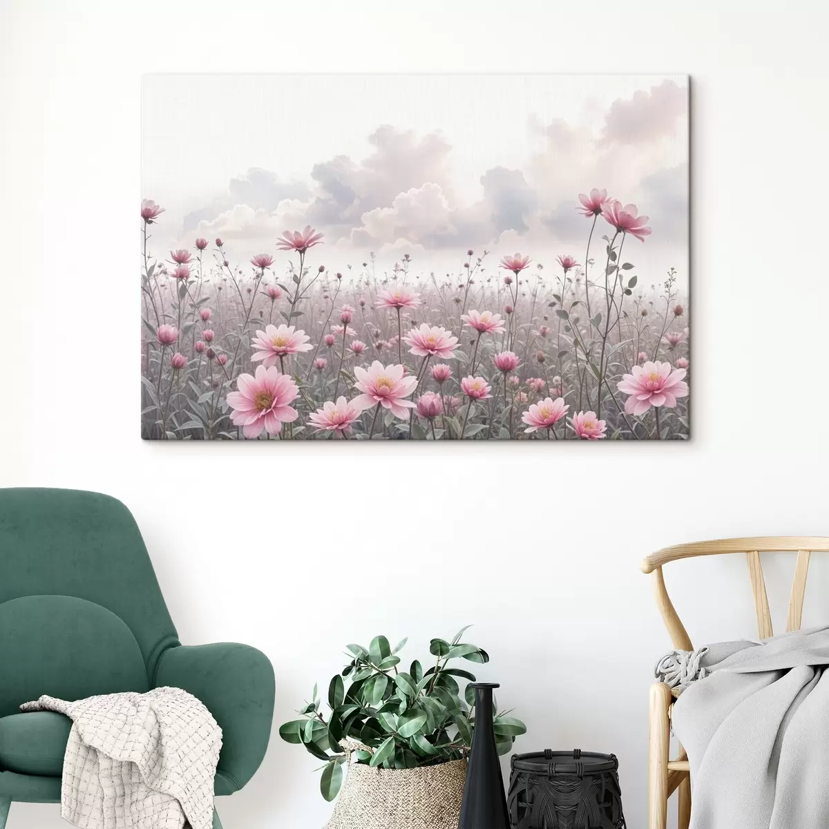 carta da parati Un campo di fiori di margherita rosa su uno sfondo di cielo nuvoloso nr. s41102