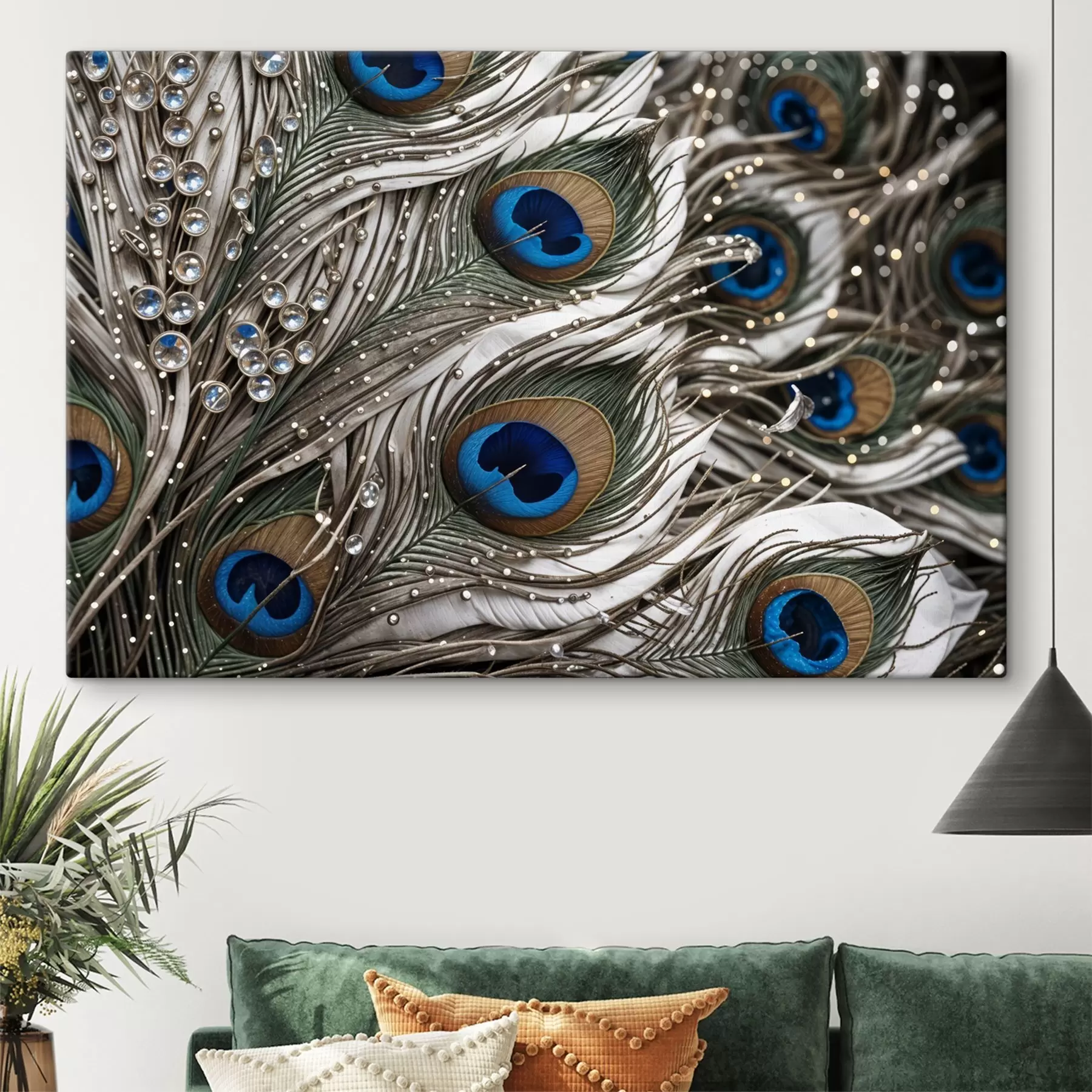 carta da parati Vibranti piume di pavone con motivi intricati e suggestivi disegni blu nr. s41103