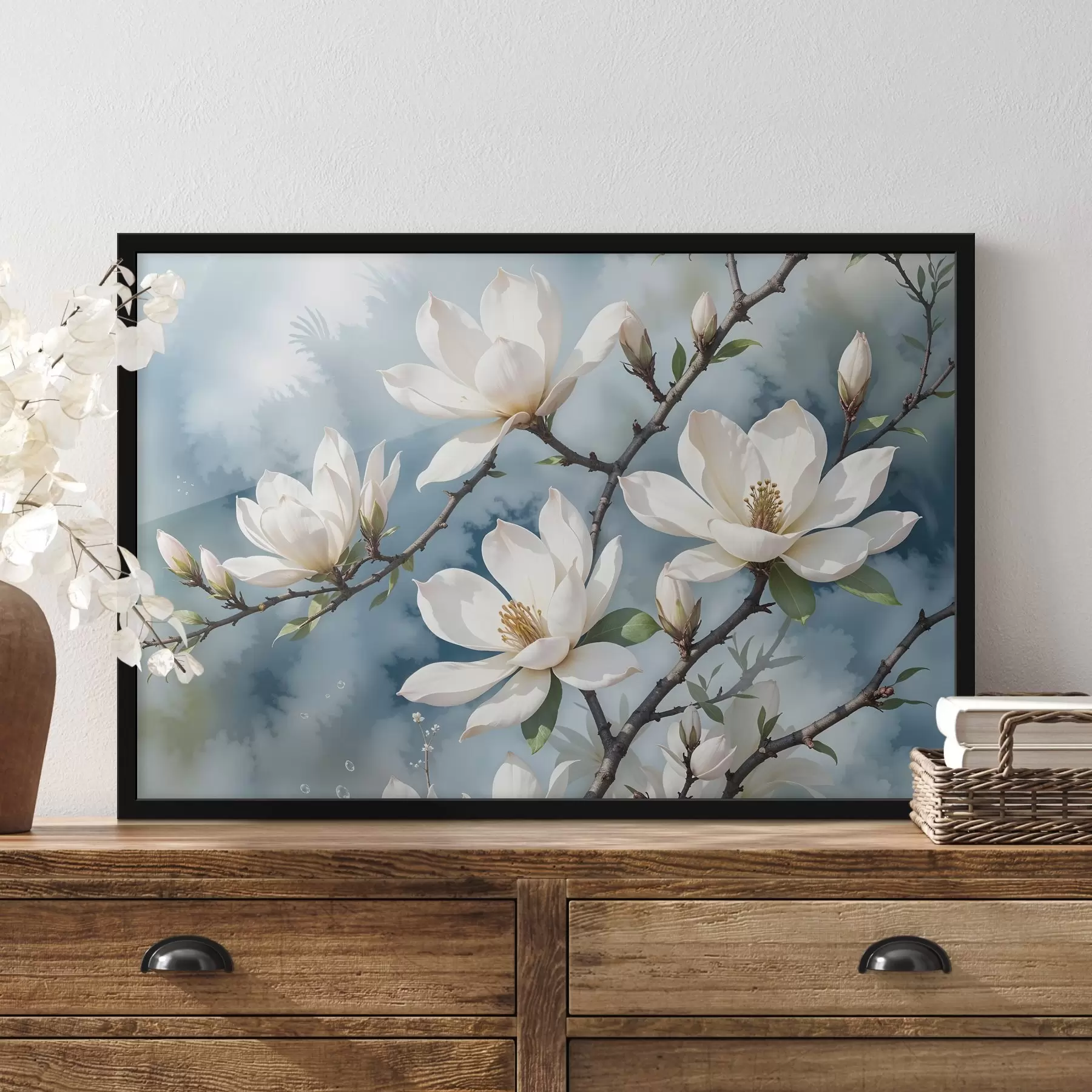 carta da parati Fiori bianchi di magnolia che sbocciano sui rami degli alberi su uno sfondo di cielo blu acquerellato nr. f41081