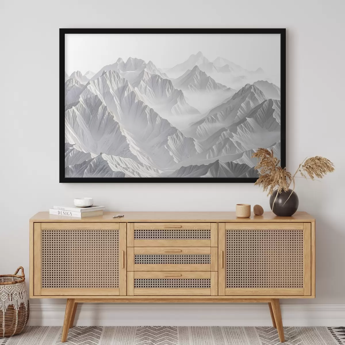 Poster Cime di montagna minimaliste innevate in un paesaggio nebbioso e brumoso f41083