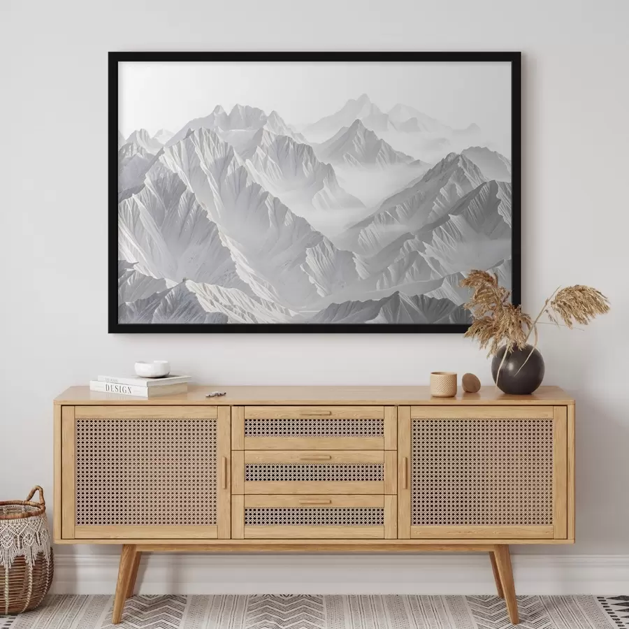 carta da parati Cime di montagna minimaliste innevate in un paesaggio nebbioso e brumoso nr. f41083