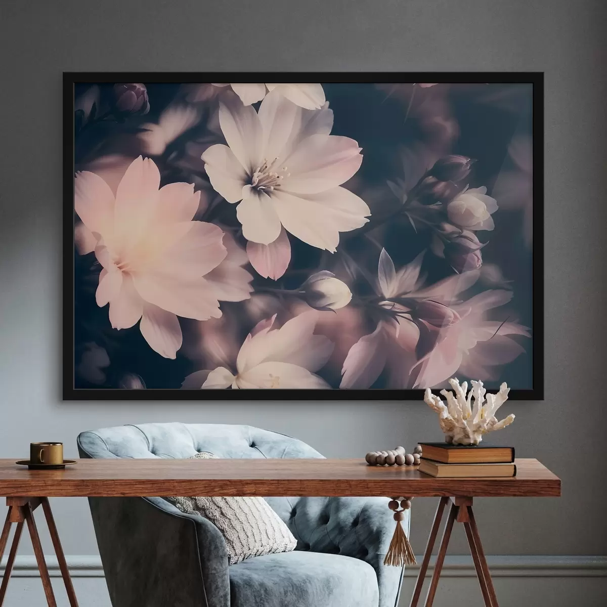 Poster Morbidi fiori rosa e bianchi vintage con sfondo sfocato f41084