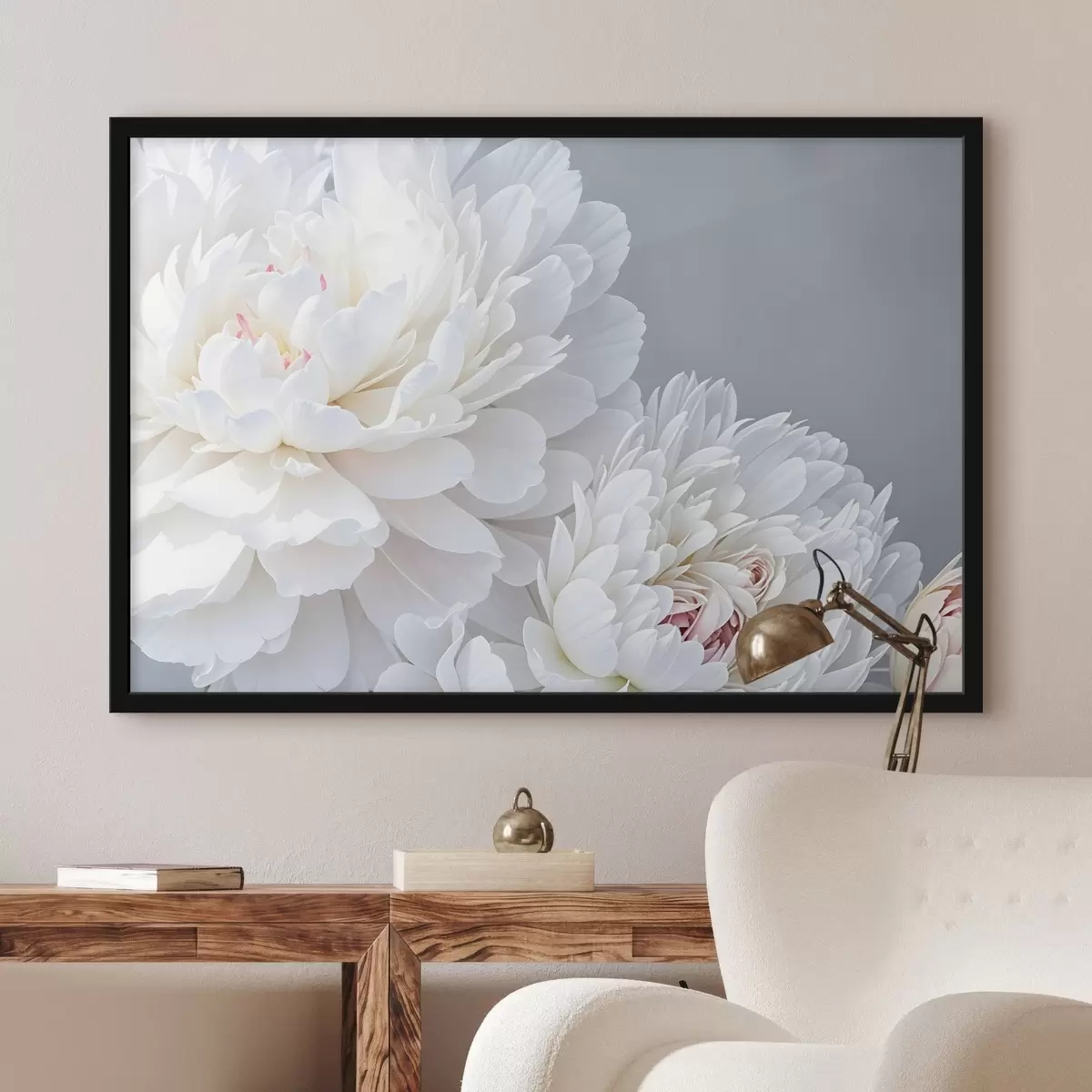 Poster Fiori di peonia bianchi con petali morbidi e delicati su uno sfondo grigio chiaro f41085