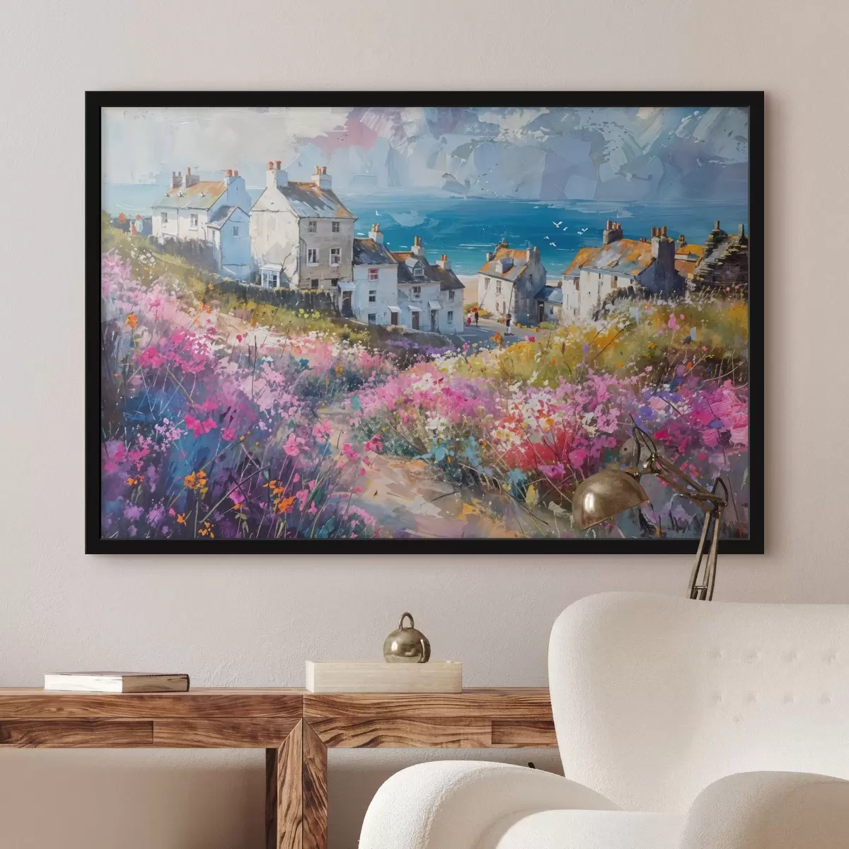 Poster Una colorata città costiera dipinta a olio con case bianche e un vivace giardino fiorito in primo piano f41090