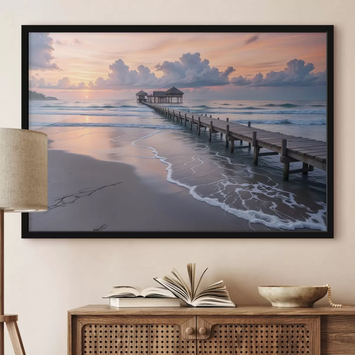 Poster Un molo di legno che si protende in un oceano calmo al tramonto con nuvole colorate f41091