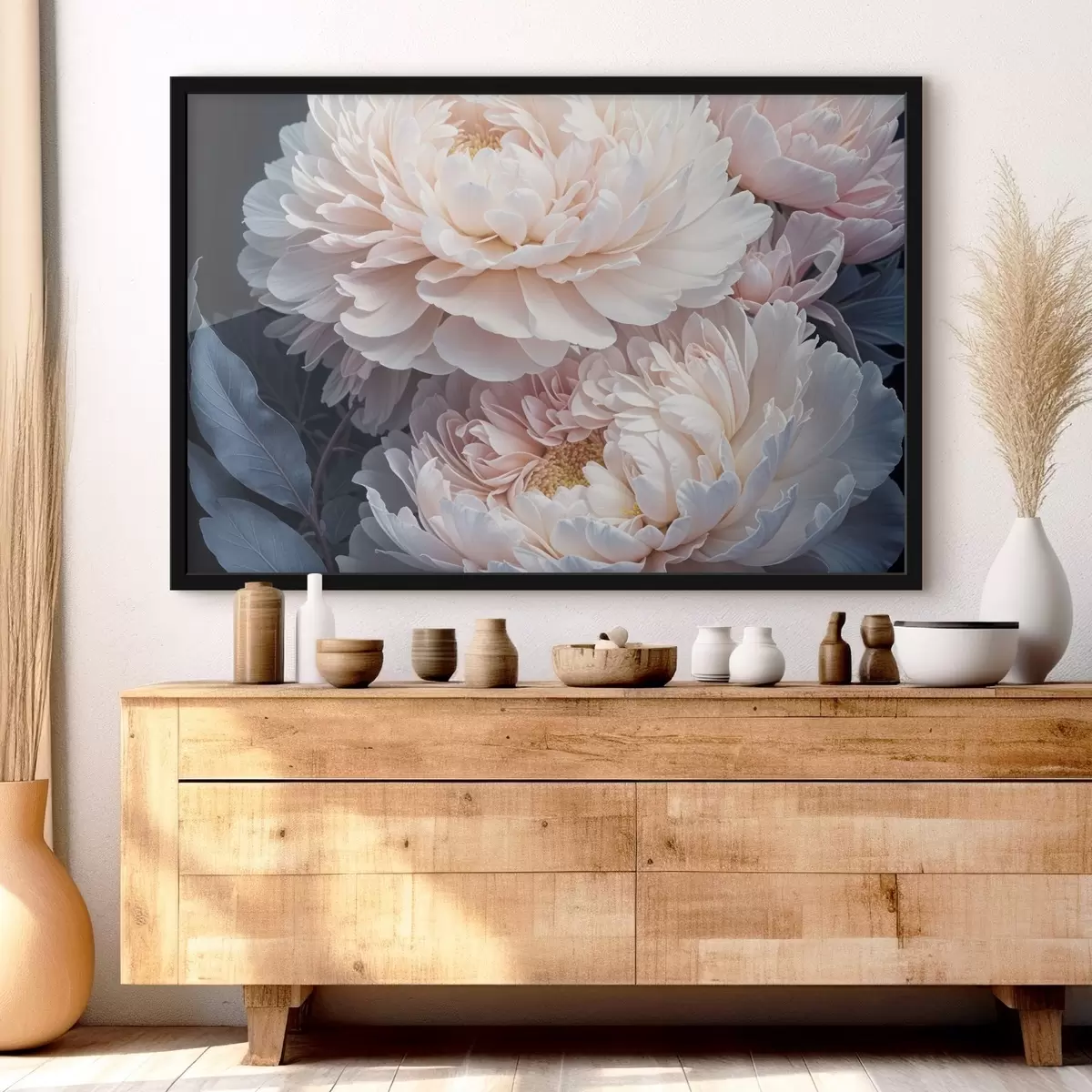 Poster Delicate peonie rosa pastello con petali morbidi e soffici e foglie blu su uno sfondo scuro f41092