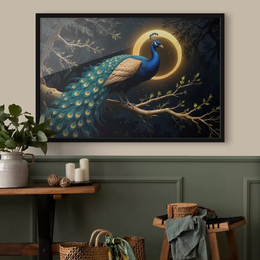 carta da parati Un pavone blu vibrante appollaiato su un ramo d'albero in un cielo notturno con luna piena e stelle luminose nr. f41093